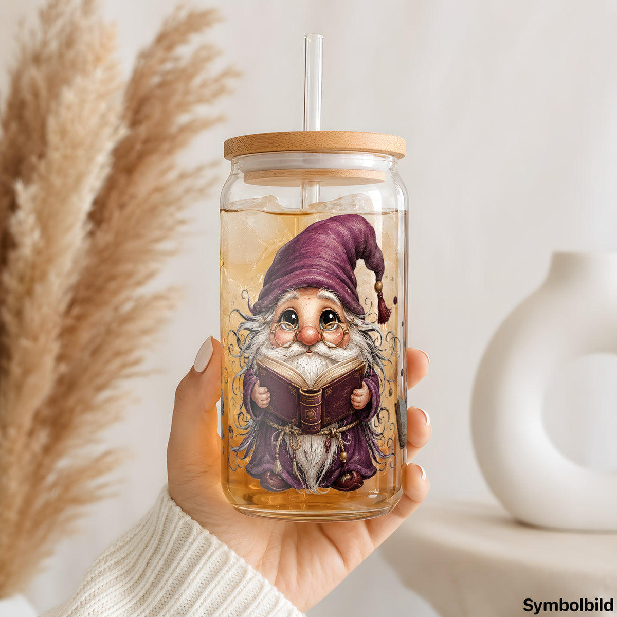 Becher-Aufkleber „Zaubererzwerg mit Brille“ auf einem 16oz Glasbecher