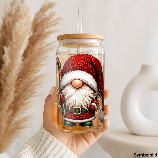 Becher-Aufkleber „Weihnachtszwerg mit Zuckerstange“ auf einem 16oz Glasbecher