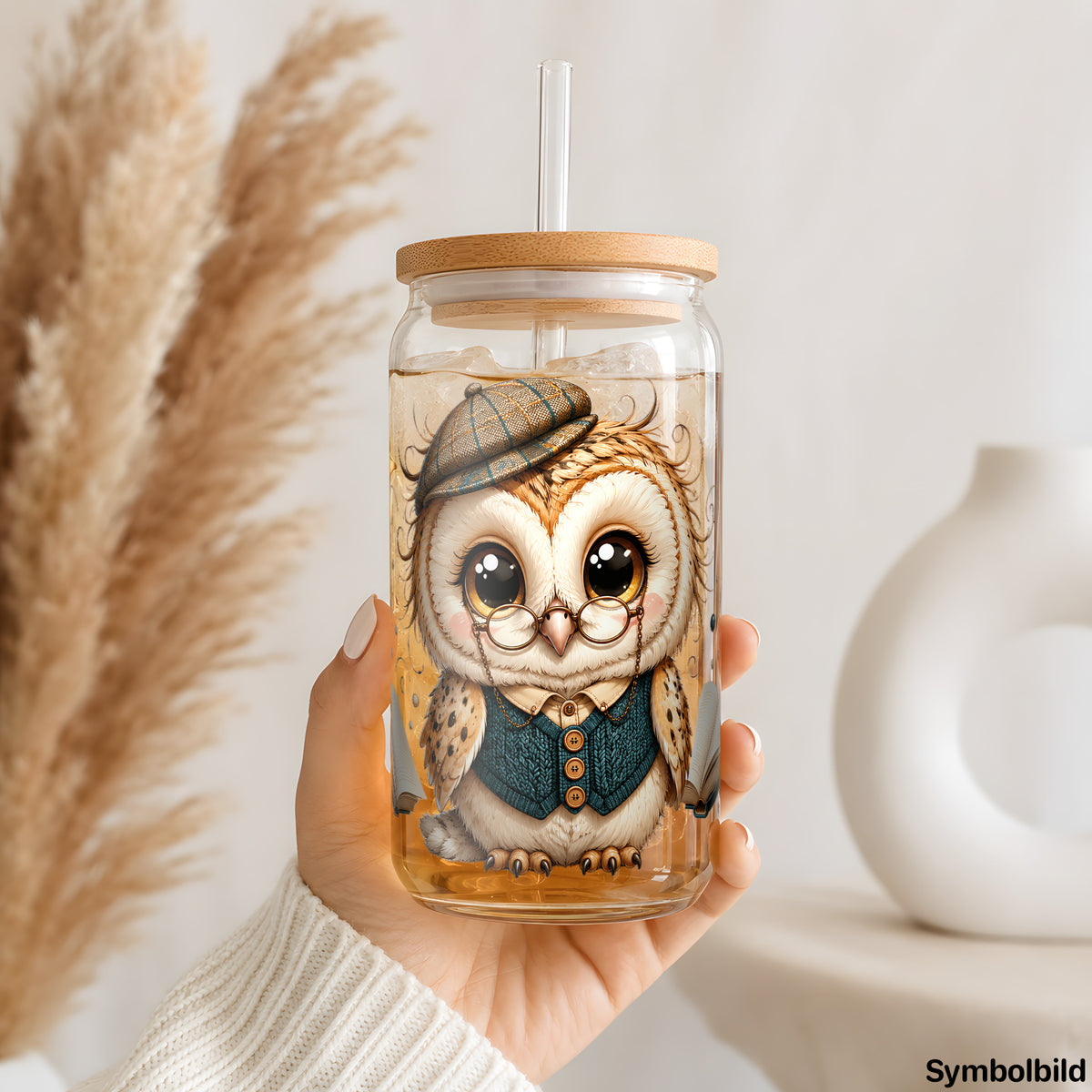 Becher-Aufkleber „Professor Eule mit Büchern“ auf einem 16oz Glasbecher