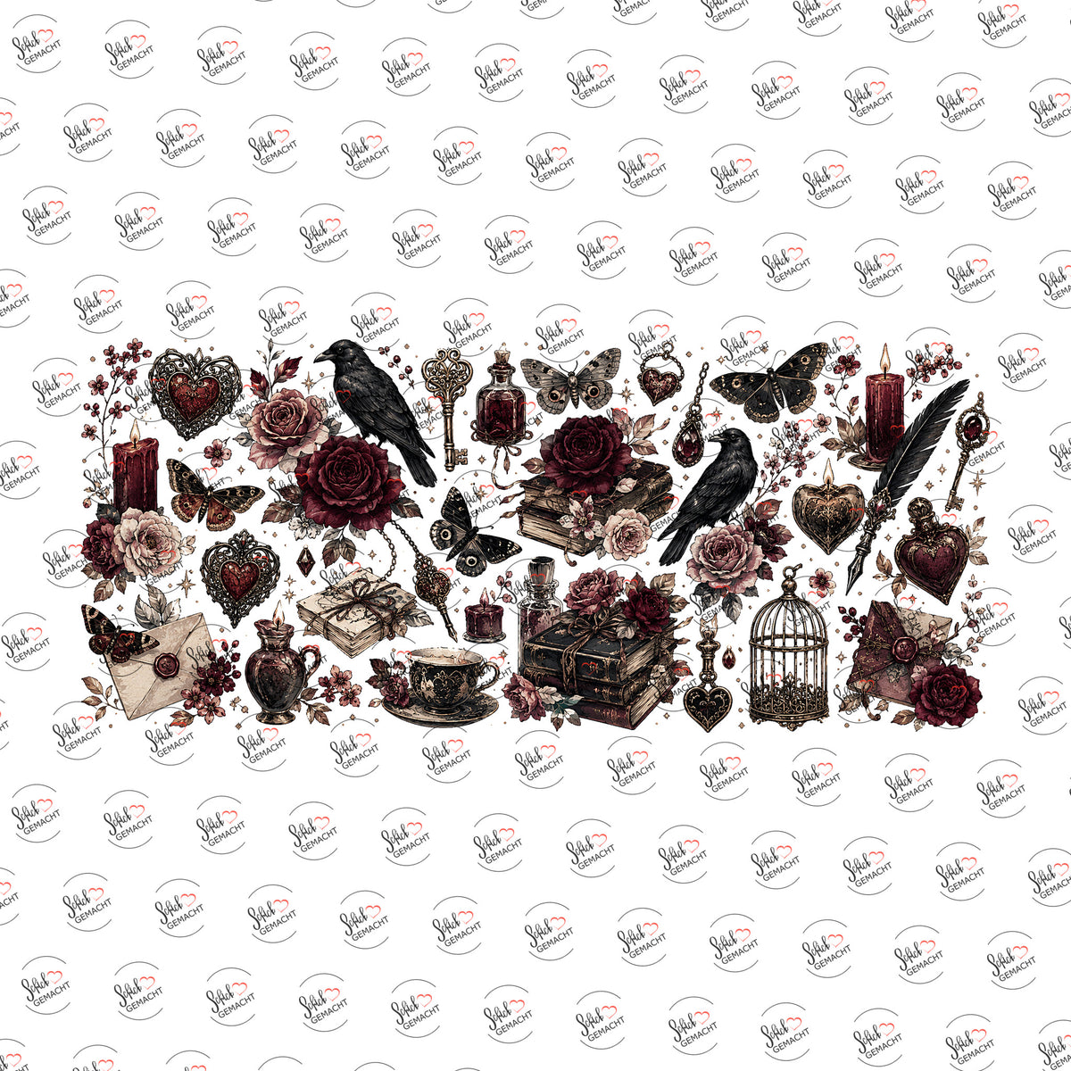 Rosen und Raben Collage als Rub-on-Sticker, einzeln