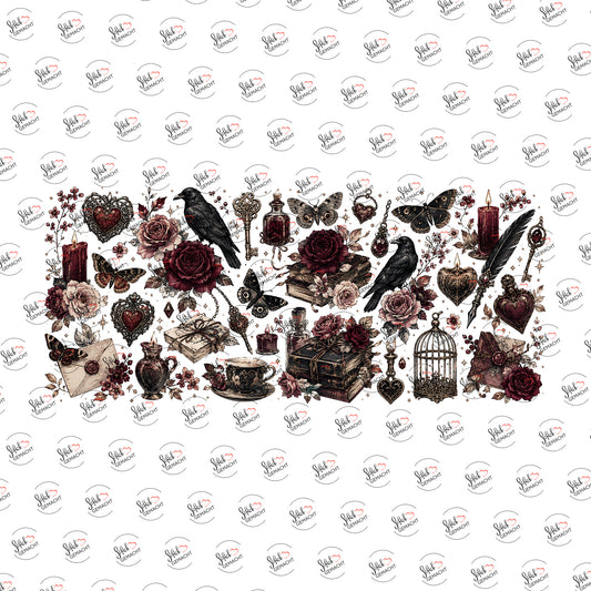 Rosen und Raben Collage als Rub-on-Sticker, einzeln