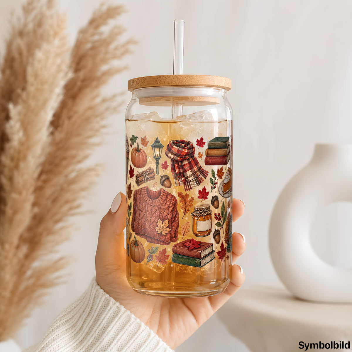 Becher-Aufkleber „Herbstliche Kuschelcollage“ auf einem 16oz Glasbecher