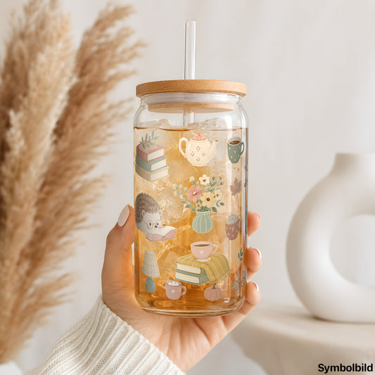 Becher-Aufkleber „Lesestunde im Herbst“ auf einem 16oz Glasbecher