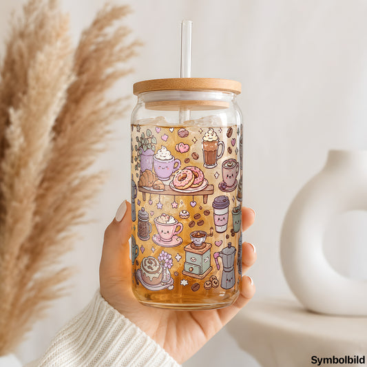 Becher-Aufkleber „Café-Regal mit Donuts“ auf einem 16oz Glasbecher