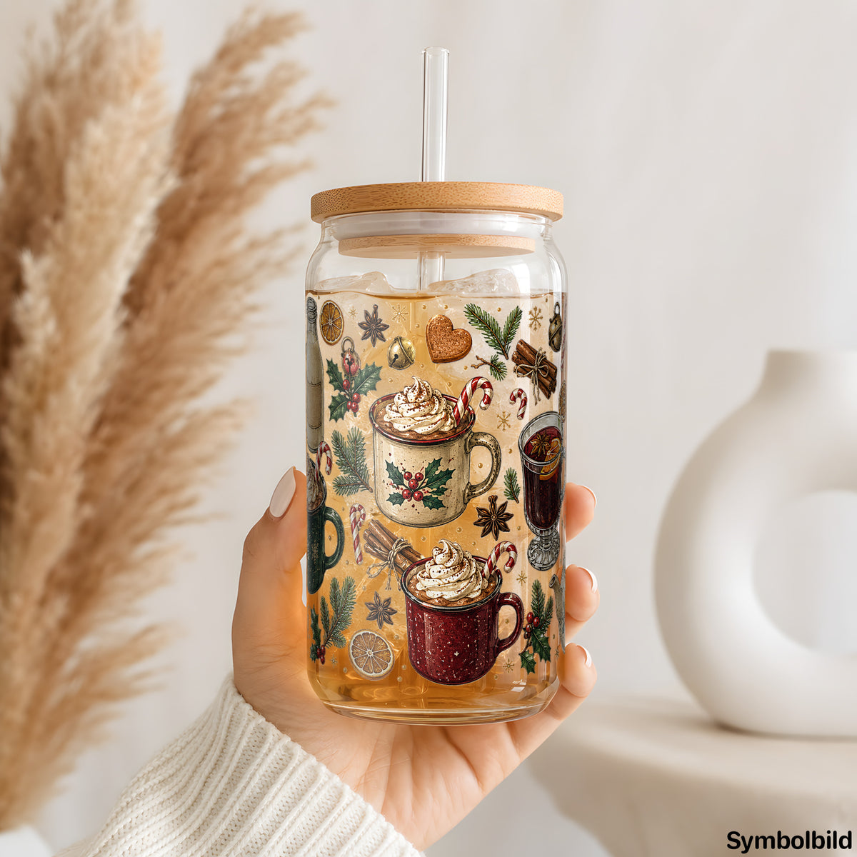 Becher-Aufkleber „Winterliche Heißgetränke“ auf einem 16oz Glasbecher