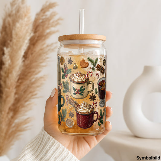 Becher-Aufkleber „Winterliche Heißgetränke“ auf einem 16oz Glasbecher