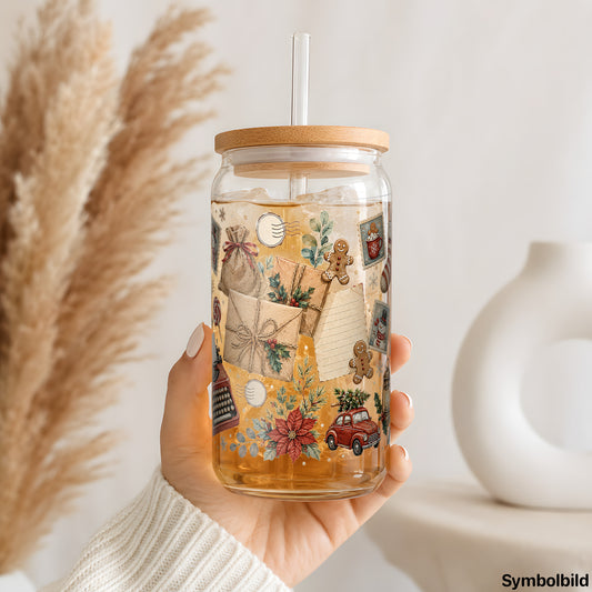 Vintage-Weihnachtspost-Aufkleber auf einem 16oz Glasbecher