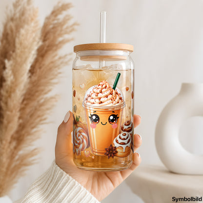 Becher-Aufkleber „Pumpkin Spice Latte“ auf einem 16oz Glasbecher