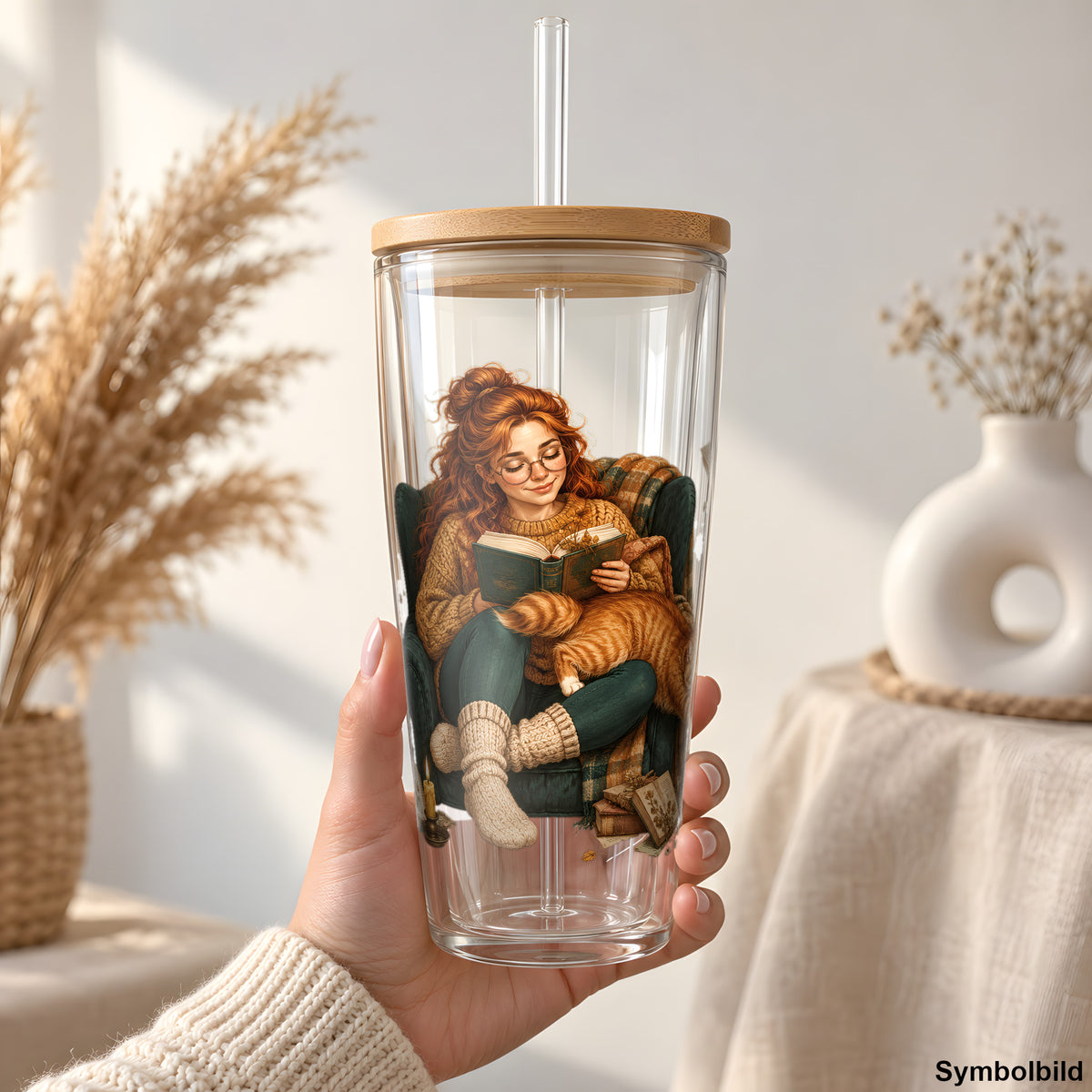 Becher-Aufkleber „Lesestunde mit Katze“ auf einem 24oz Glasbecher