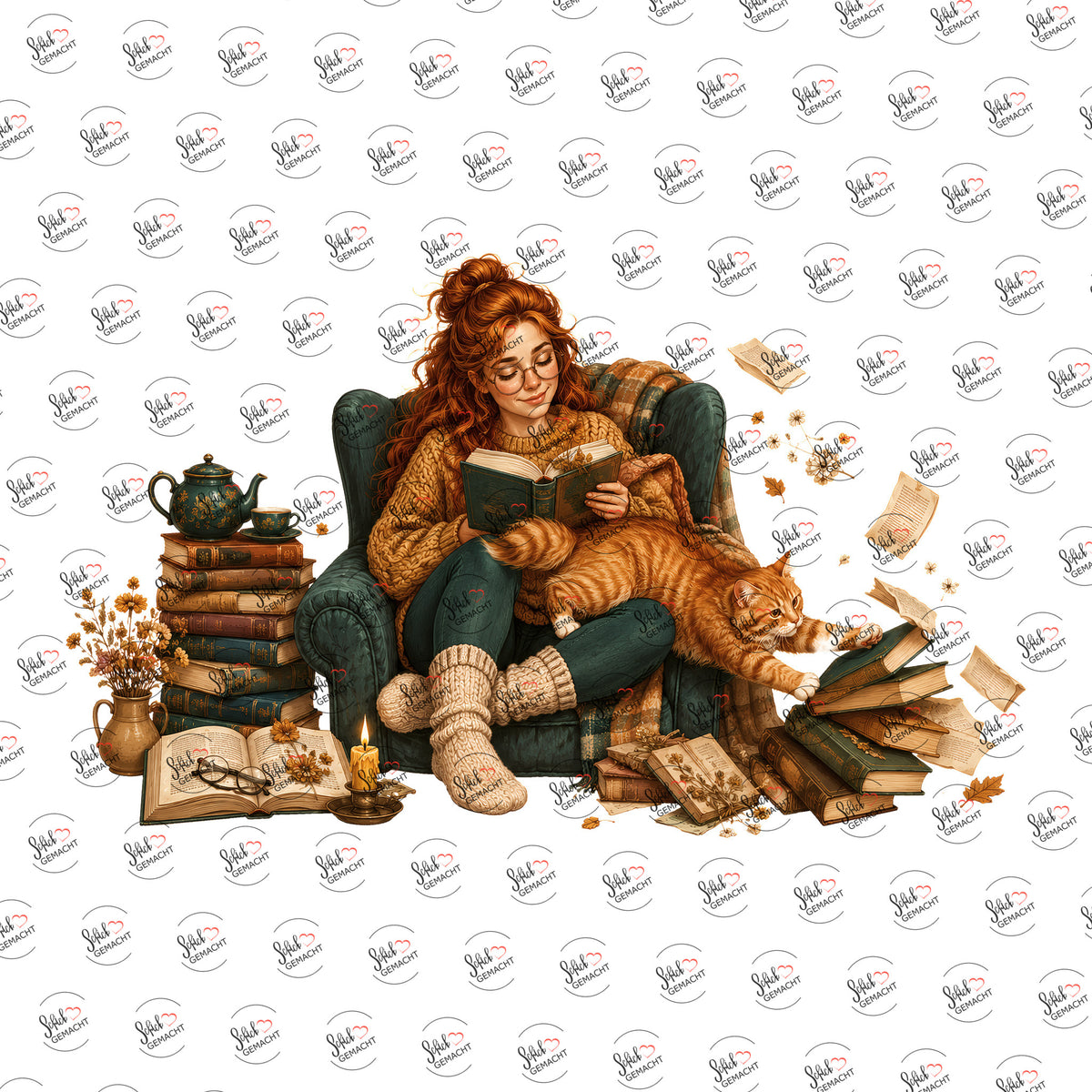 Lesestunde mit Katze als Rub-on-Sticker, einzeln