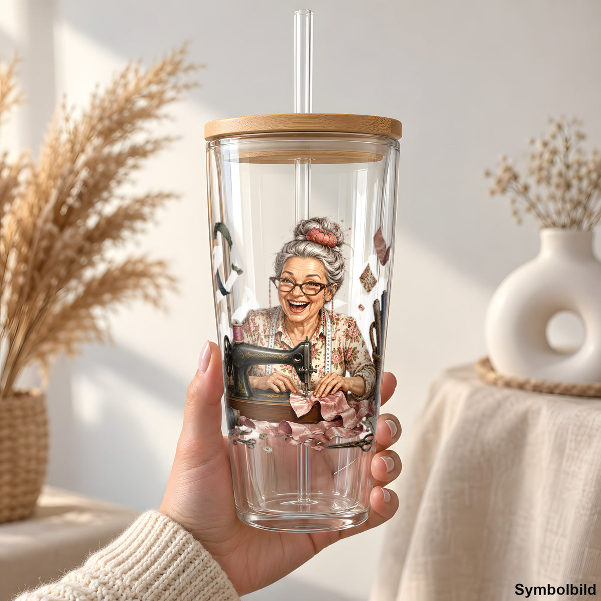 Becher-Aufkleber „Oma an der Nähmaschine“ auf einem 24oz Glasbecher