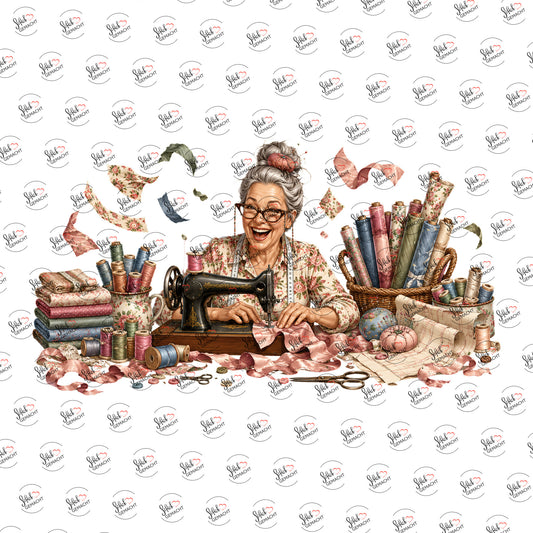 Oma an der Nähmaschine als Rub-on-Sticker, einzeln