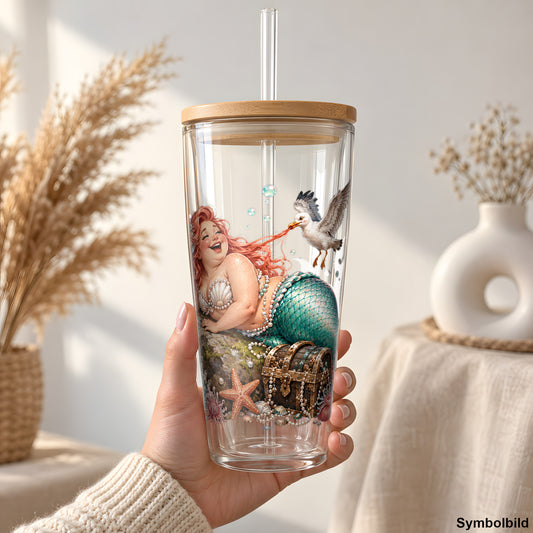 Becher-Aufkleber „Lachende Meerjungfrau mit Möwe“ auf einem 24oz Glasbecher