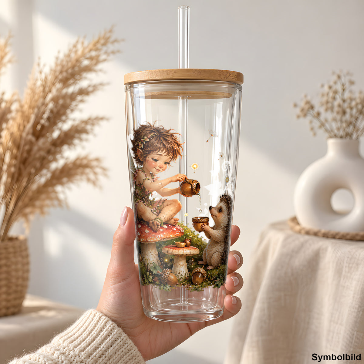 Becher-Aufkleber „Waldfee mit Igel“ auf einem 24oz Glasbecher
