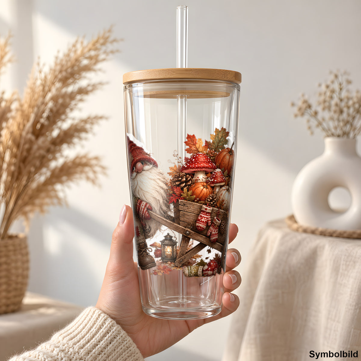 Becher-Aufkleber „Wichtel mit Kürbiskarren“ auf einem 24oz Glasbecher