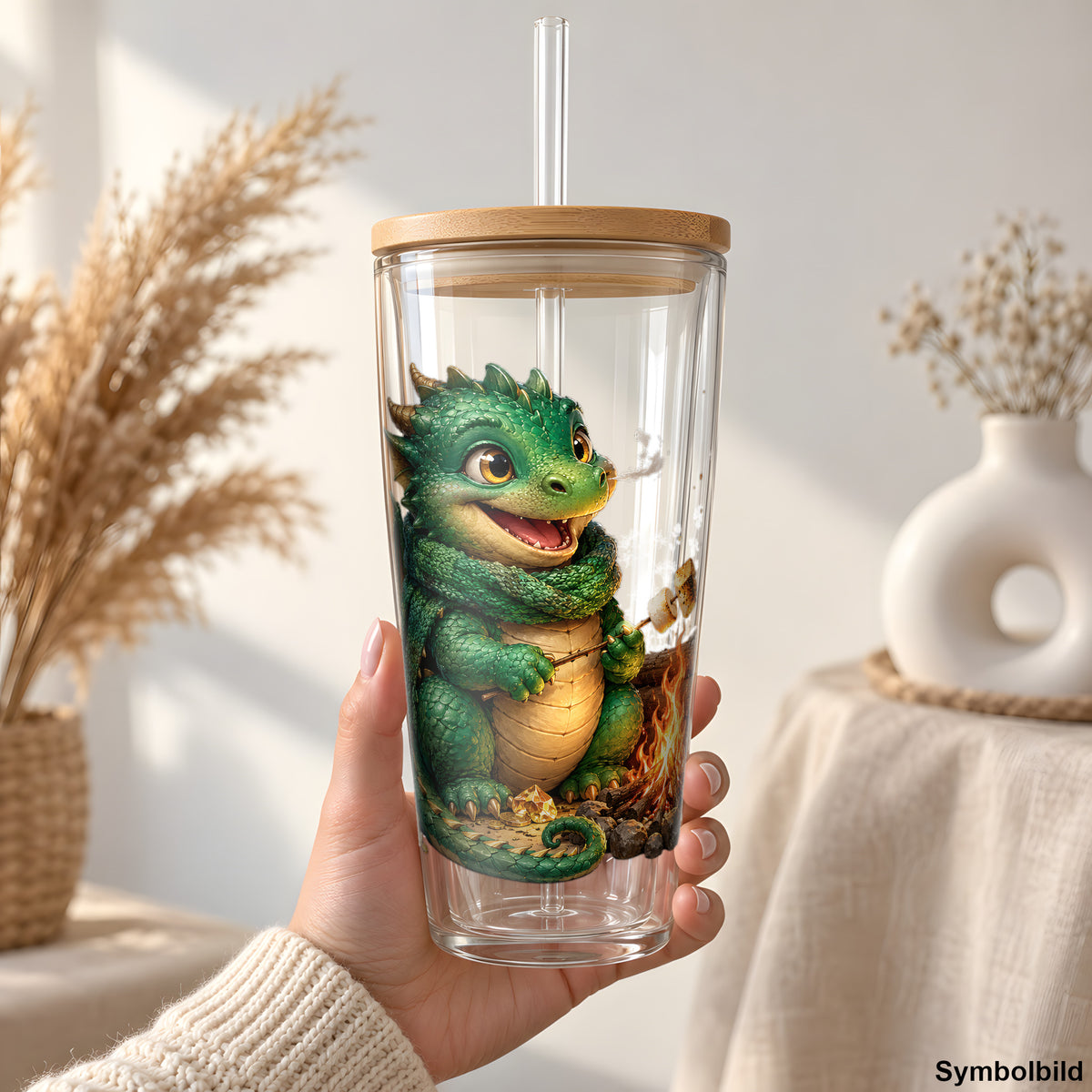Becher-Aufkleber „Drache am Lagerfeuer“ auf einem 24oz Glasbecher