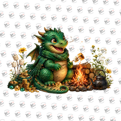 Drache am Lagerfeuer als Rub-on-Sticker, einzeln