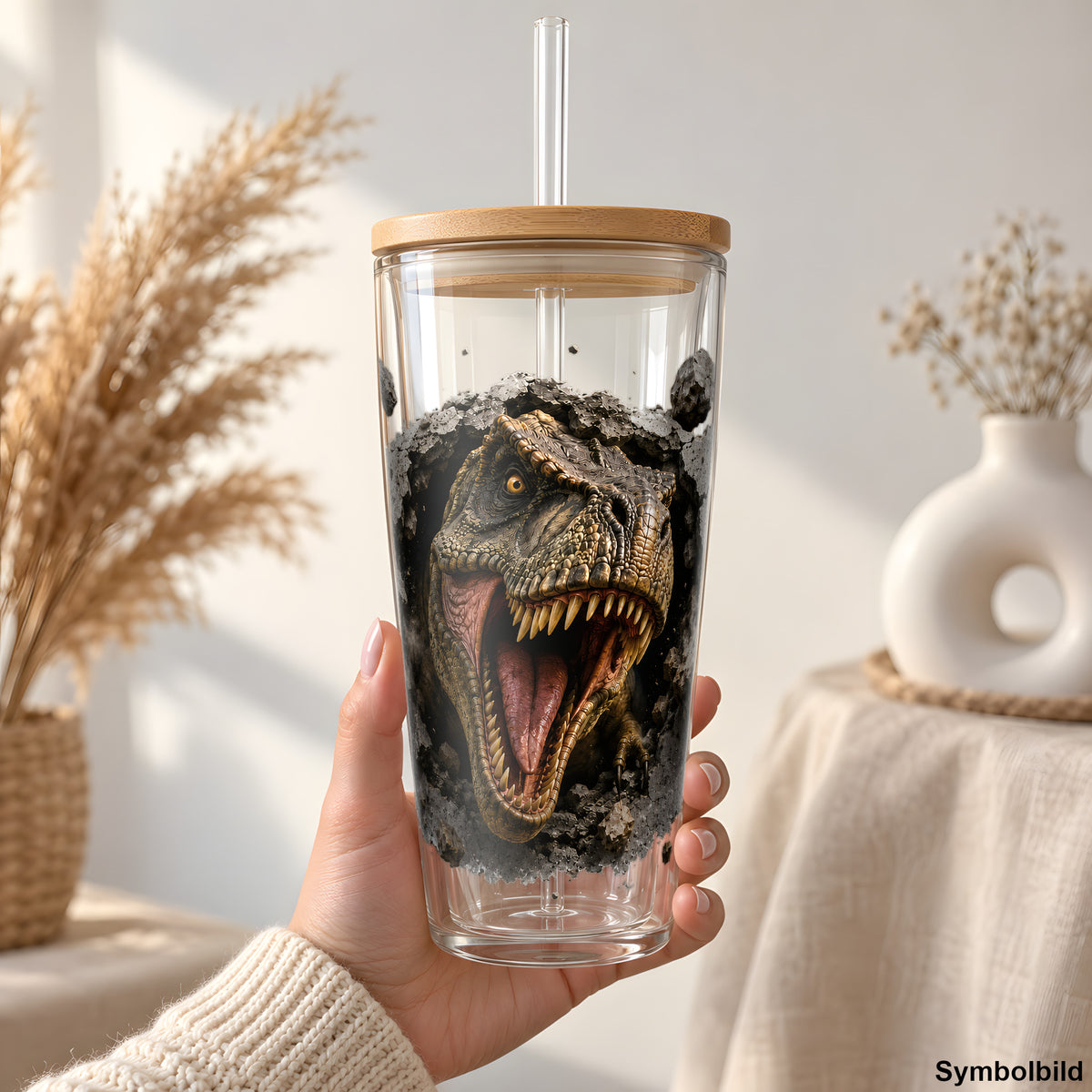 Becher-Aufkleber „T-Rex bricht durch die Wand“ auf einem 24oz Glasbecher