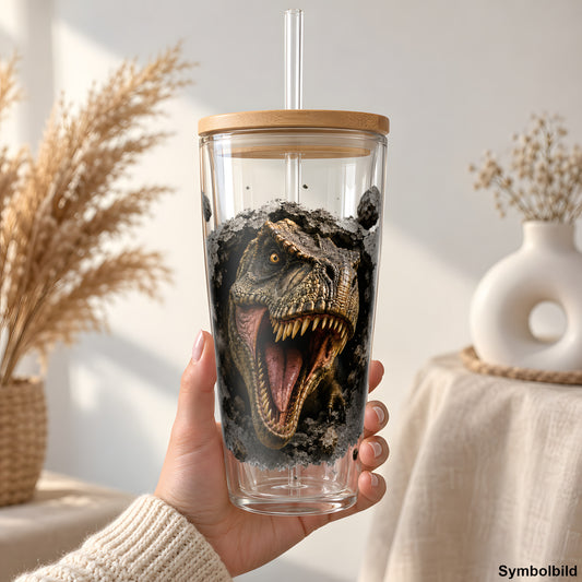 Becher-Aufkleber „T-Rex bricht durch die Wand“ auf einem 24oz Glasbecher