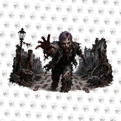 Zombie in der Ruinenstadt als Rub-on-Sticker, einzeln