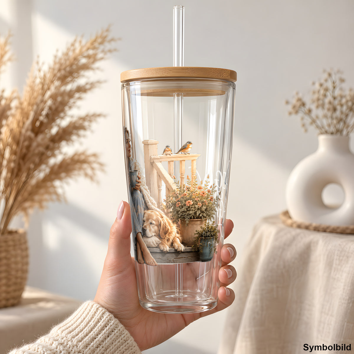 Becher-Aufkleber „Begin Again auf der Veranda“ auf einem 24oz Glasbecher