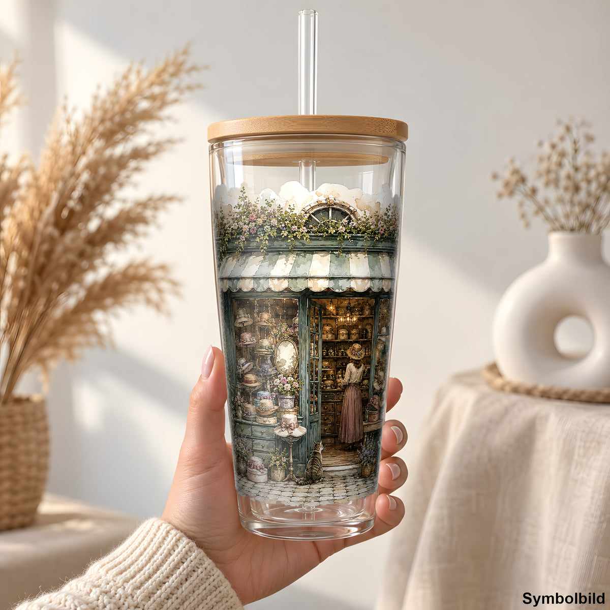 Becher-Aufkleber „Hutladen mit Fahrrad“ auf einem 24oz Glasbecher