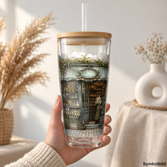Becher-Aufkleber „Kräuterladen mit Fahrrad“ auf einem 24oz Glasbecher