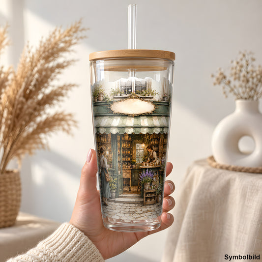 Becher-Aufkleber „Blumenladen im Grünen“ auf einem 24oz Glasbecher