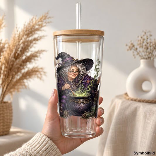 Die Hexe am Kessel als Rub on Sticker auf einem 24oz Glas