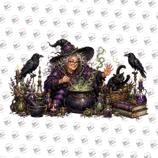 Die Hexe am Kessel als Rub-on-Sticker, einzeln
