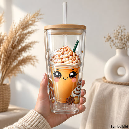 Becher-Aufkleber „Kürbis-Latte zum Liebhaben“ auf einem 24oz Glasbecher