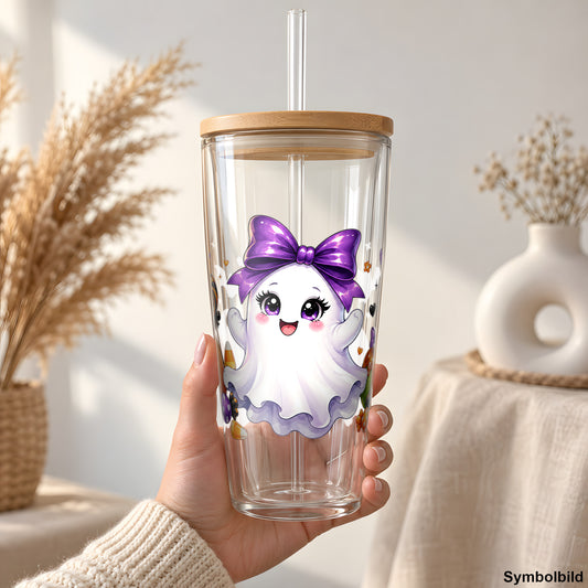 Becher-Aufkleber „Geisterchen mit Kürbis“ auf einem 24oz Glasbecher
