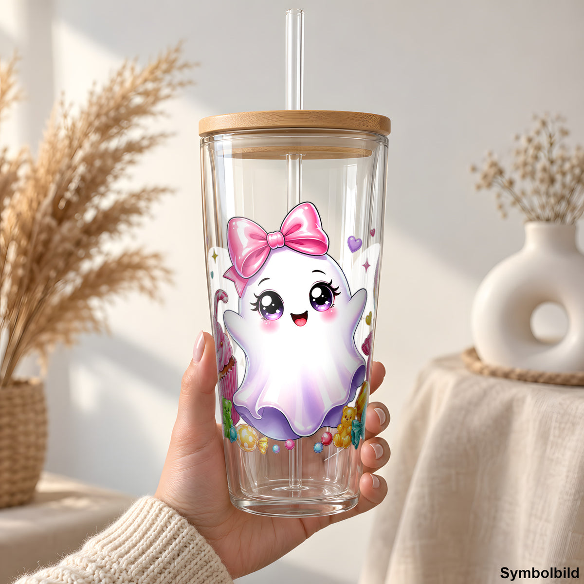 Becher-Aufkleber „Geisterchen im Süßigkeitenglück“ auf einem 24oz Glasbecher