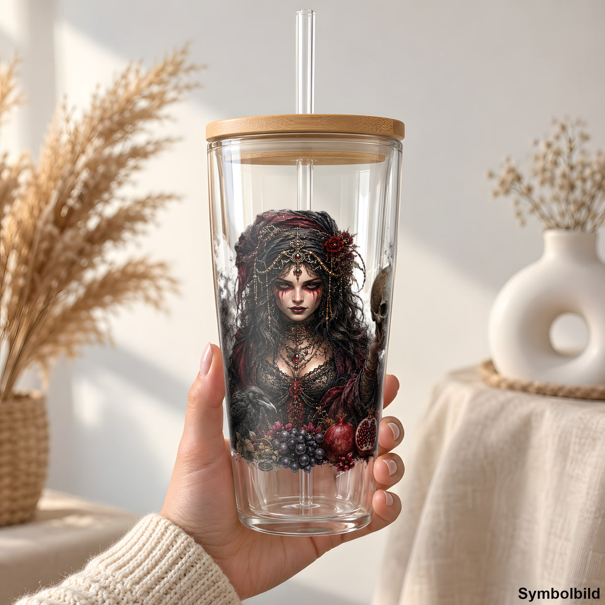 Becher-Aufkleber „Dunkle Zirkusdame“ auf einem 24oz Glasbecher