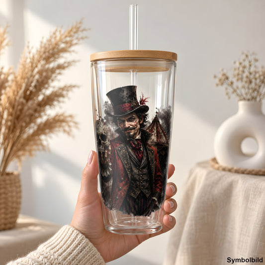 Becher-Aufkleber „Zirkusdirektor der Finsternis“ auf einem 24oz Glasbecher