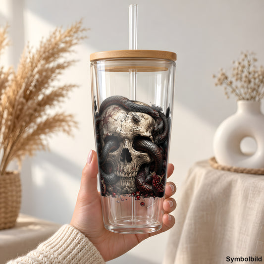 Becher-Aufkleber „Schädel, Schlangen, Rosen“ auf einem 24oz Glasbecher
