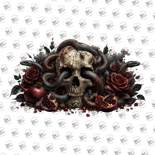 Schädel, Schlangen, Rosen als Rub on Sticker, einzeln