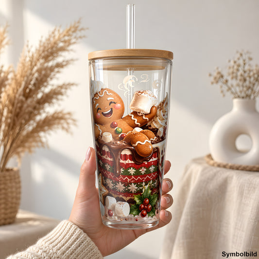 Becher-Aufkleber „Lebkuchenmann im Weihnachtsbecher“ auf einem 24oz Glasbecher