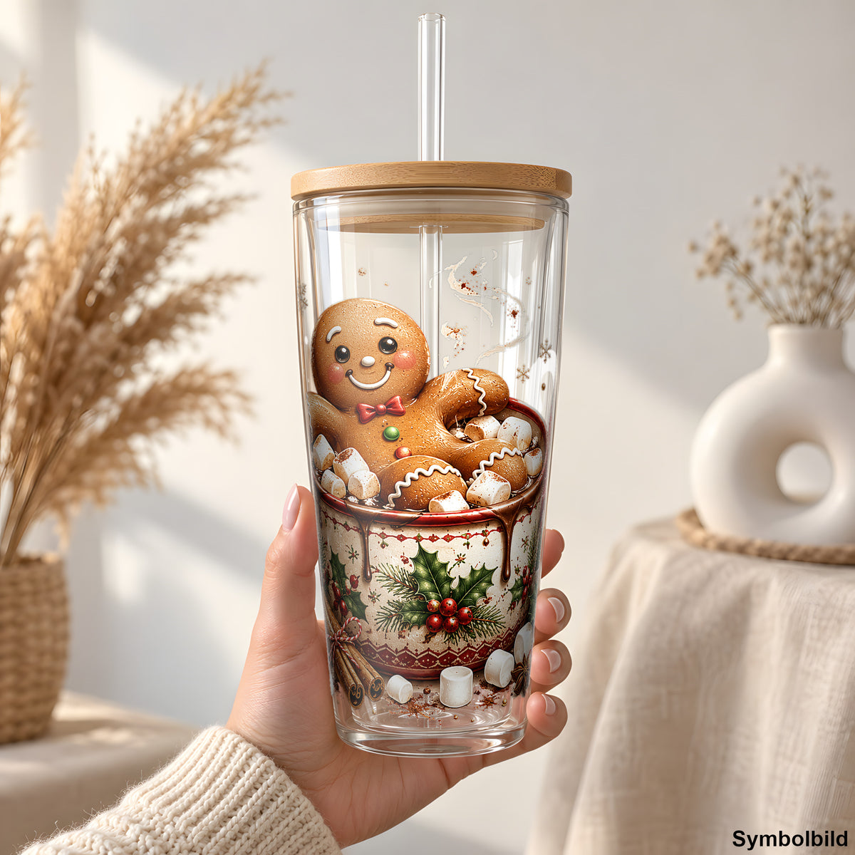 Becher-Aufkleber „Lebkuchenmann im Marshmallow-Kakao“ auf einem 24oz Glasbecher