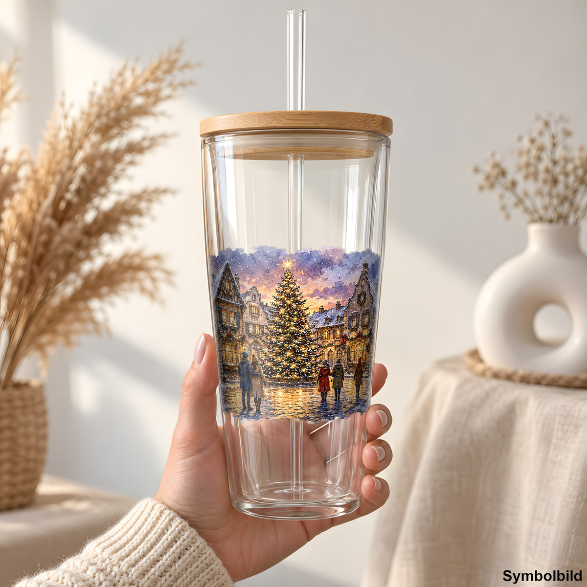 Becher-Aufkleber „Weihnachtsplatz mit Laterne“ auf einem 24oz Glasbecher