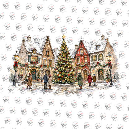 Weihnachtsdorf im Schnee als Rub-on-Sticker, einzeln
