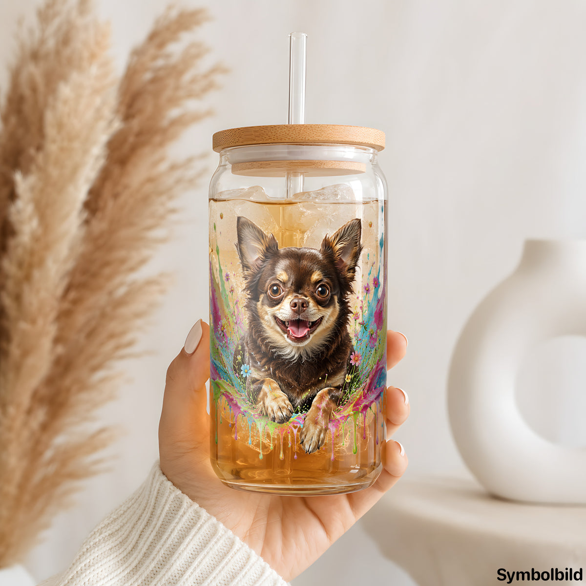 Becher-Aufkleber „Schokobrauner Chihuahua im Farbrausch“ auf einem 16oz Glasbecher