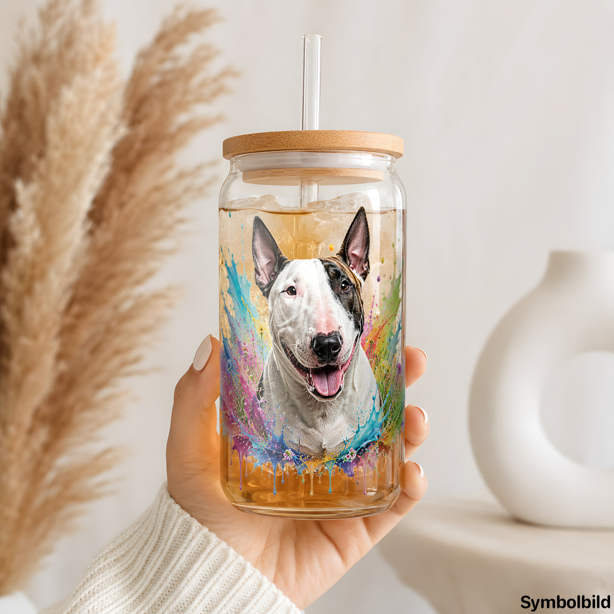 Becher-Aufkleber „Bullterrier im Farbrausch“ auf einem 16oz Glasbecher