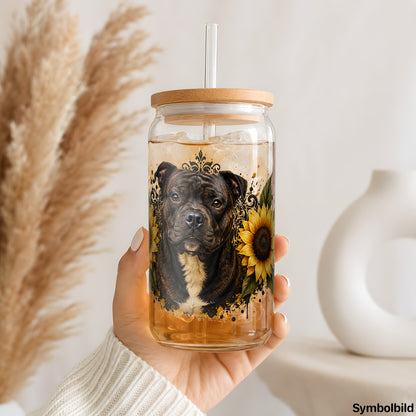 Becher-Aufkleber „Staffordshire in Sonnenblumen“ auf einem 16oz Glasbecher