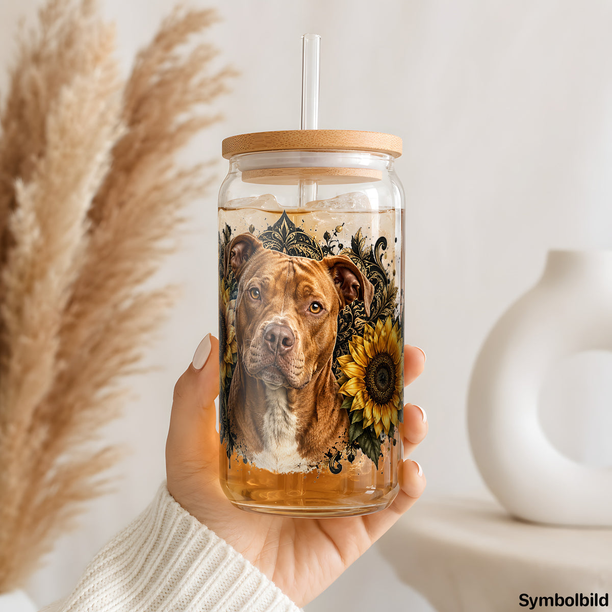 Becher-Aufkleber „Roter Pitbull in Sonnenblumen“ auf einem 16oz Glasbecher