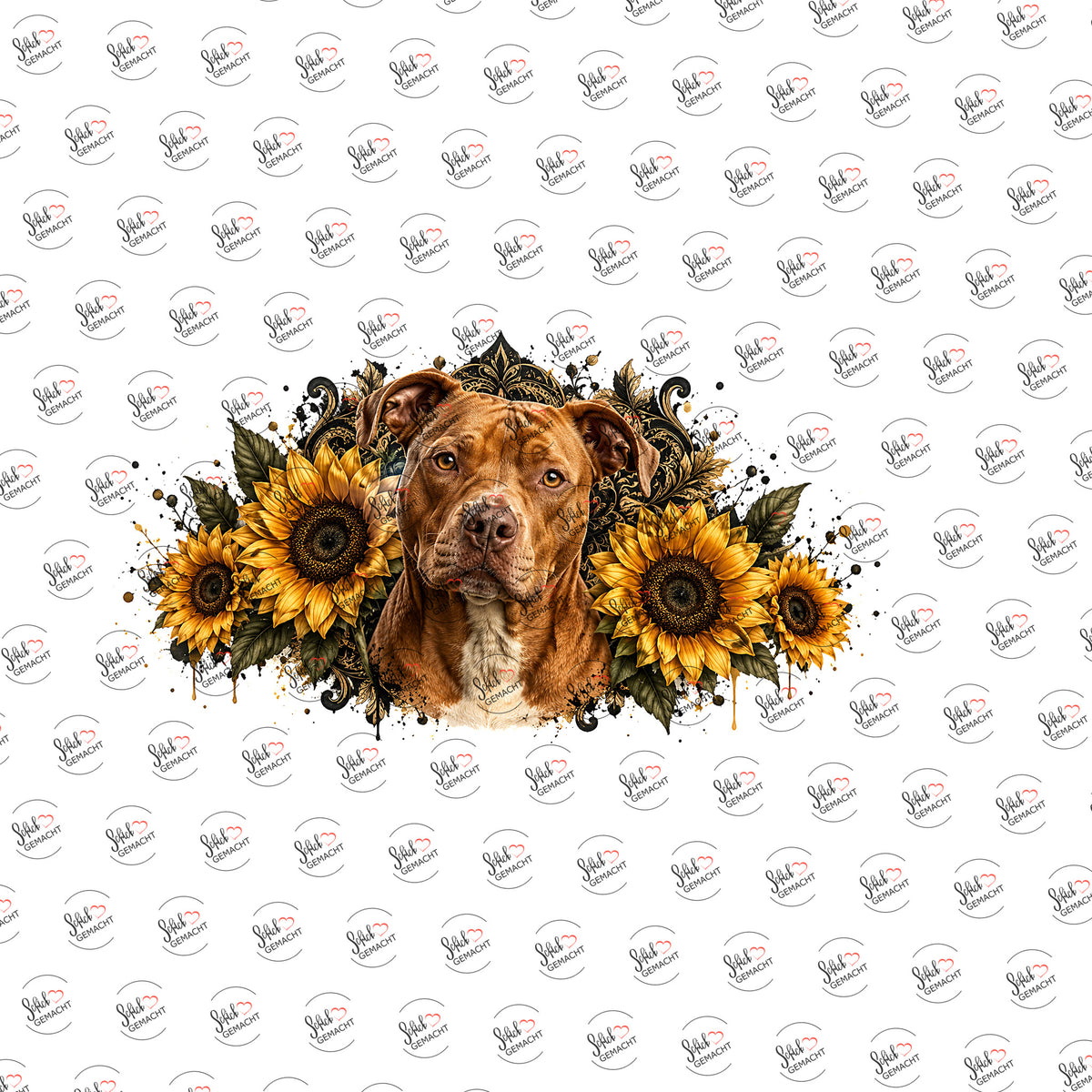 Roter Pitbull in Sonnenblumen als Rub-on-Sticker, einzeln