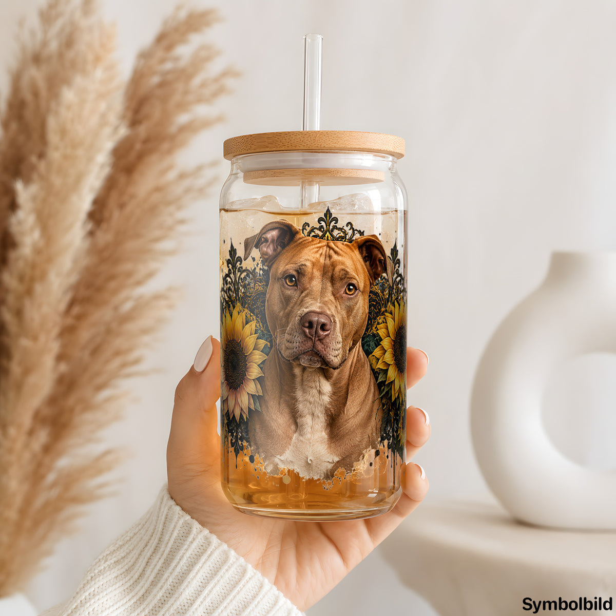 Becher-Aufkleber „Pitbull im Blumenkranz“ auf einem 16oz Glasbecher