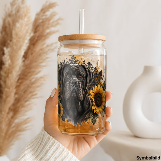 Becher-Aufkleber „Cane Corso in Sonnenblumen“ auf einem 16oz Glasbecher