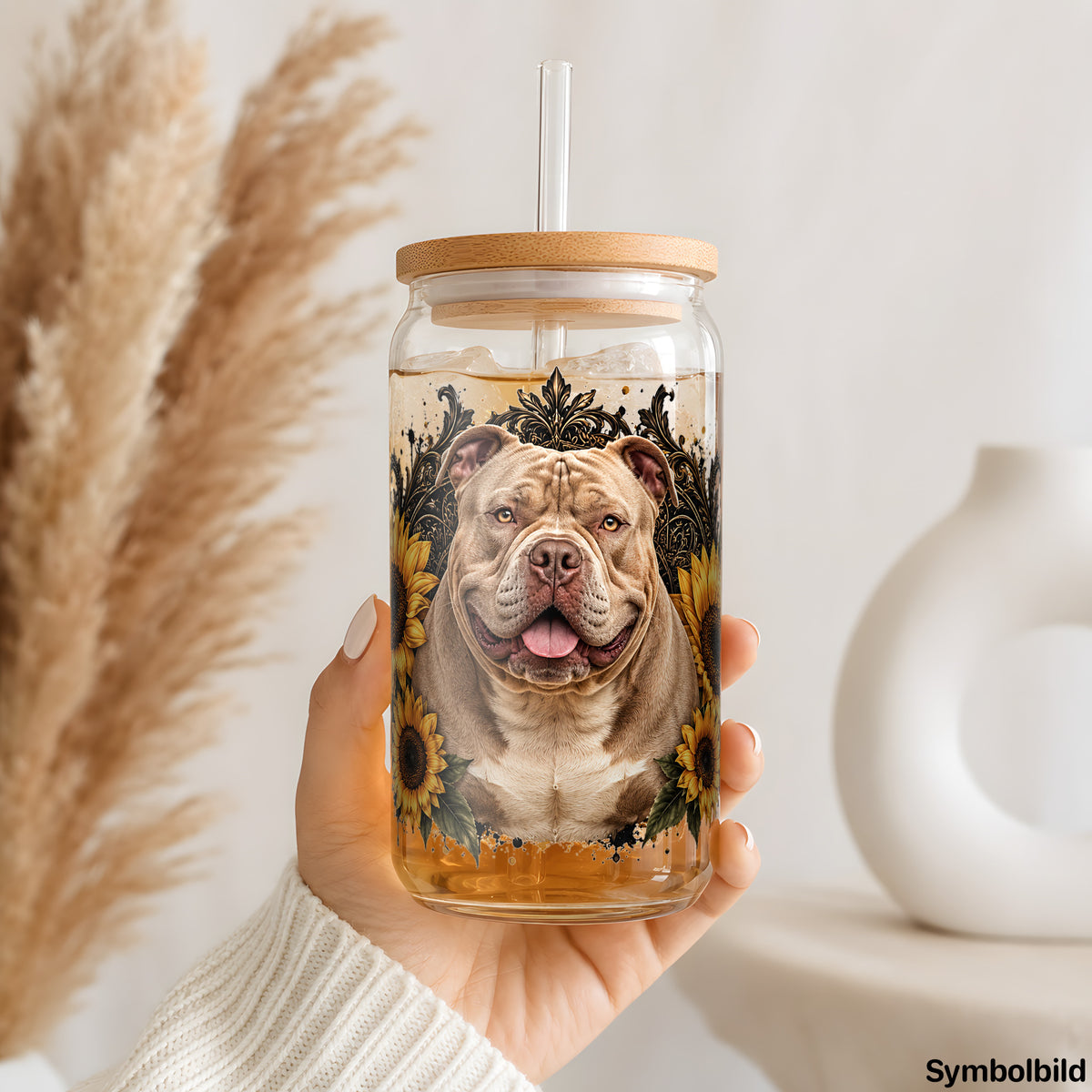 Becher-Aufkleber „Bully in Sonnenblumen“ auf einem 16oz Glasbecher
