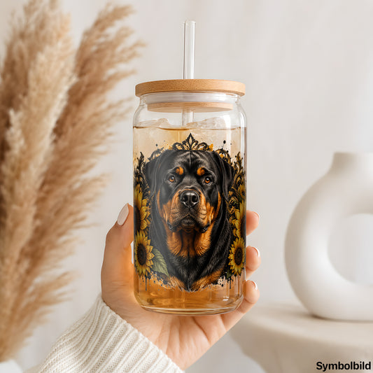 Becher-Aufkleber „Rottweiler im Sonnenblumenkranz“ auf einem 16oz Glasbecher